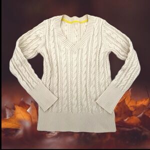 Womens Chunky Cable Knit Sweater Small Y2K Preppy Cottage Fitted VNeck Soft Girl